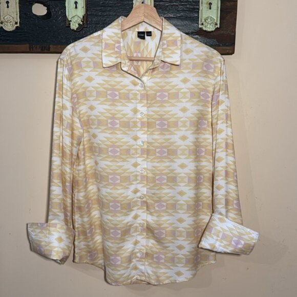 Simons Icone Yellow and Purple Geometric Patterned Button-Up Shirt Size XS - Picture 10 of 15